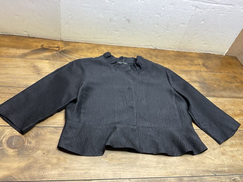 Eileen Fisher Jacket Women’s M Black Silk Blend Textured Button Ruffle Waist